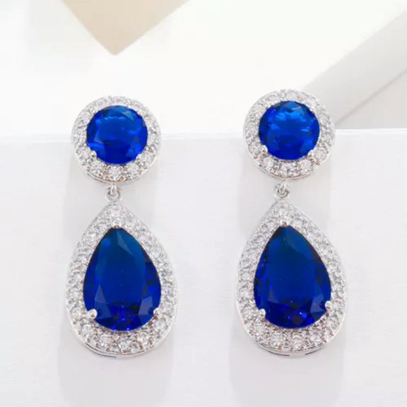 Royal Blue CZ Stone Leaf Long Heart Flower Dangle Drop Earrings for Women Party