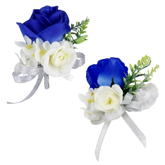Royal Blue Corsage and Boutonniere for Men Artificial Flower Wrist Corsage Set Handmade Rose with Clip and Ribbon for Wedding Bride Groom Prom Party Groomsman Photo Props