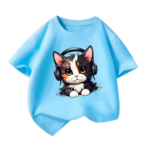 Royal Blue Crewneck Shirts for Kids Girl Boy Summer Fall Short Sleeve Cat Graphic Lounge Kawaii Tops Shirt Blouse Child 2026 Clothing Country Concert 7 Years