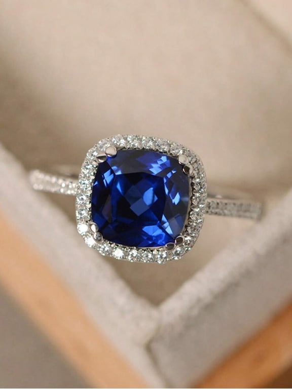 Royal Blue Cushion Cut Cubic Zirconia Halo Statement Ring For Everyday Wear