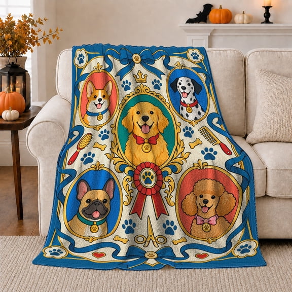 Royal Blue Dog Portrait Gallery, Playful Pet Portrait Pattern, Warm Flannel Blanket for Living Room and Reading Nook, Dog Lovers Friendship Gift, Pet Lover Home Decor