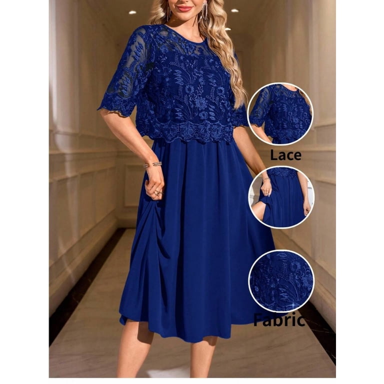 formal royal blue midi dress Elegant Floral Lace Overlay A-Line With 3/4 Sleeves A-Line Floor Length Prom strapless prom dress style print) shapes this Size:1XL formal knee length royal blue dress