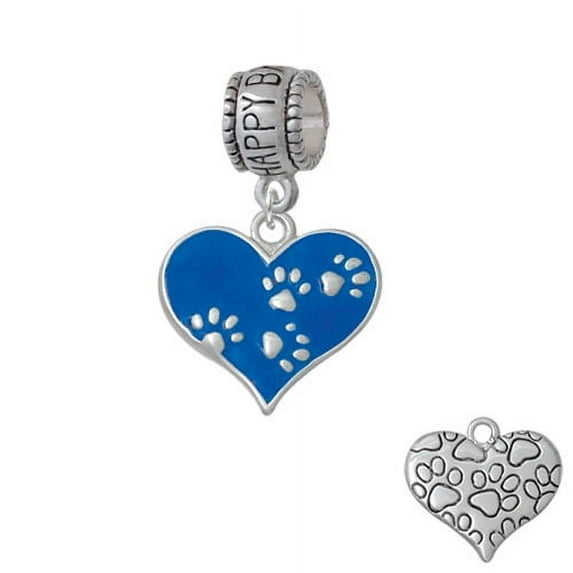 Royal Blue Enamel Heart with Paw Prints - Happy Birthday Charm Bead