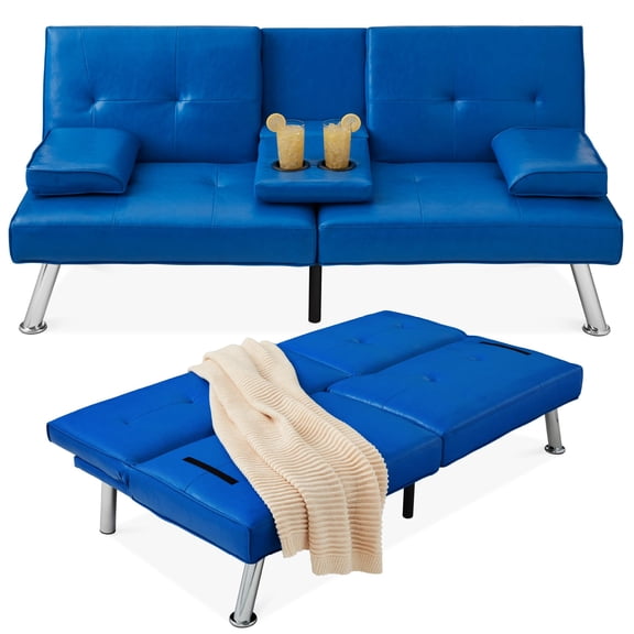 Royal Blue Faux Leather Adjustable Convertible Futon Sofa Bed