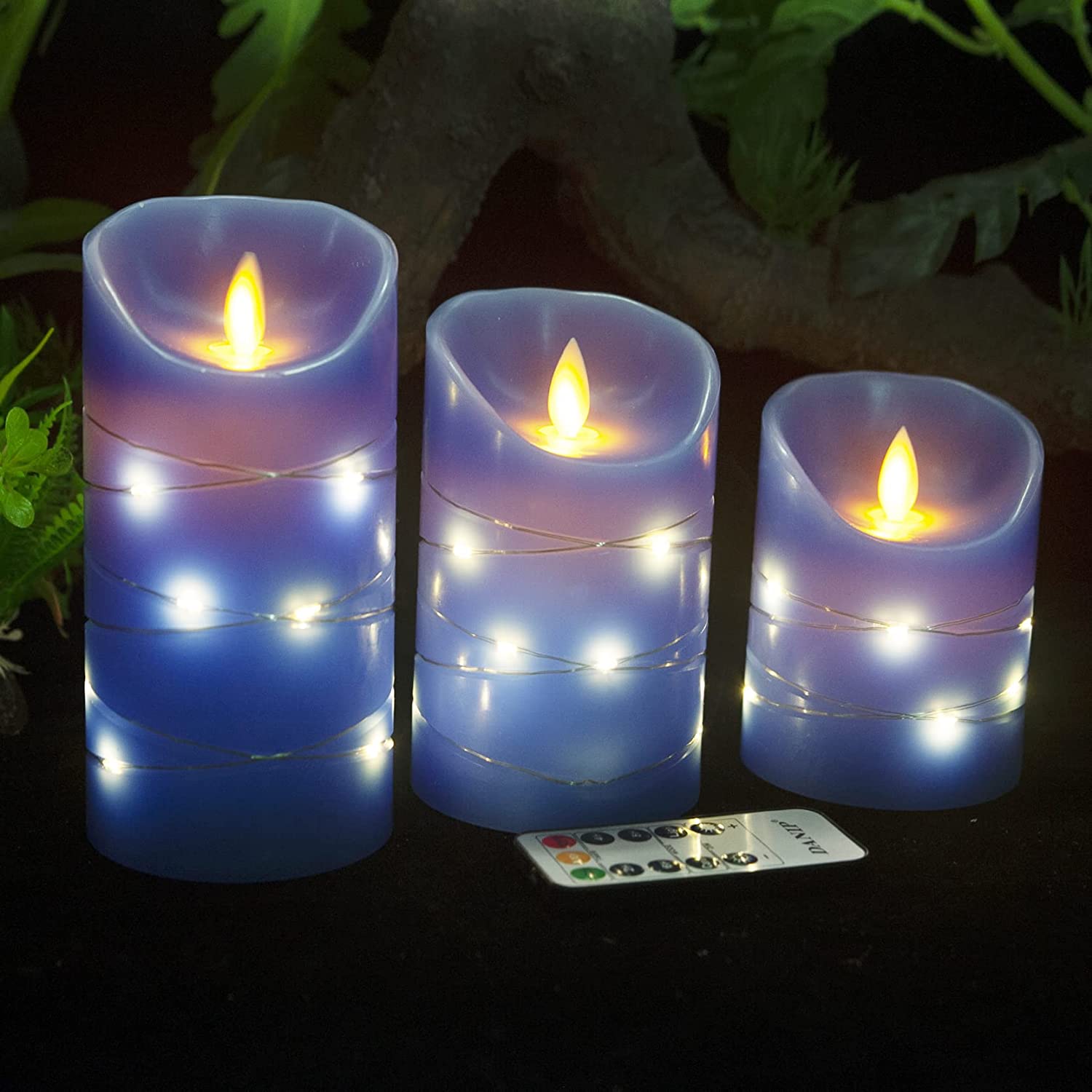 Royal Blue Flameless Candle with Star String 3 LED Candles, 11Button Remote, Timer, Real Wax