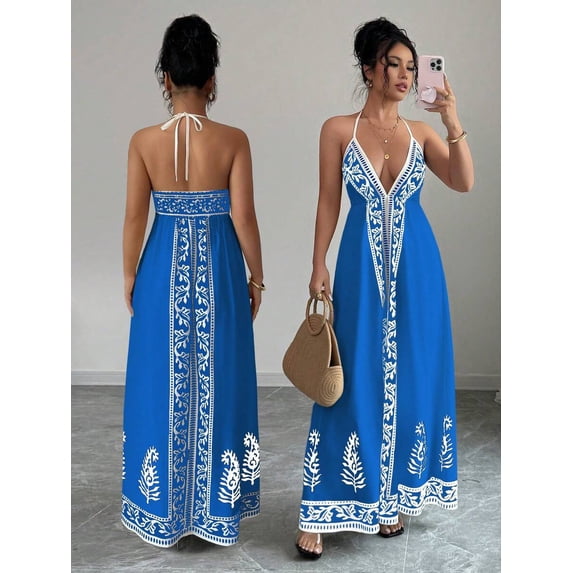 Royal Blue Floral Embroidered Deep V-Neck Halter Maxi Dress For Women Boho Beach Vacation Long Dress