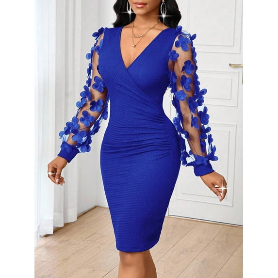 Royal Blue Floral Mesh Sleeve Ruched V-Neck Fitted Midi Dress For Women