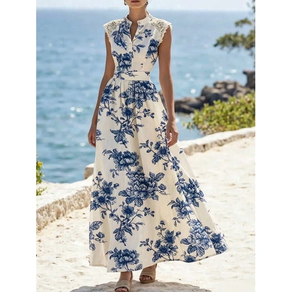 Royal Blue Floral Print V-Neck Lace Trim Maxi Dress For Summer Vacation