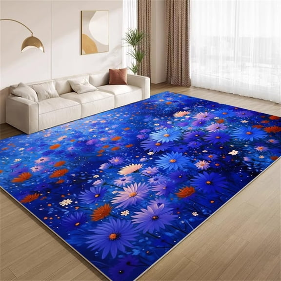 Royal Blue Flower Area Rugs, Purple Orange Wildflower Carpet, Washable Non Slip Low Pile Soft Rug for Living Room Bedroom Study Office Entryway Decor Mat 5ftx8ft