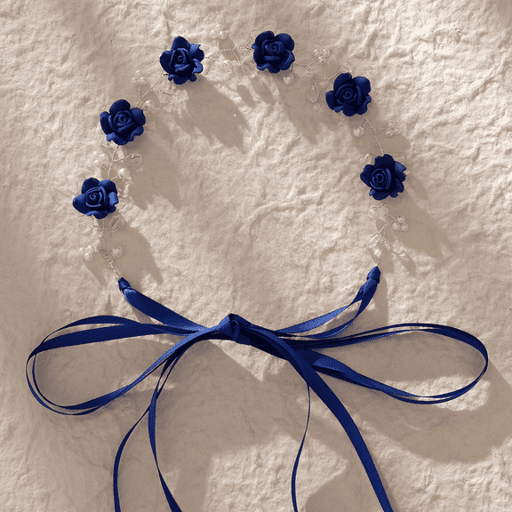 MIALLO Royal Blue Flower Hair Vine, Silver Wire Crystal Pearl Bridal Headpiece, Statement Wedding Prom Hair Accessory with Ribbon