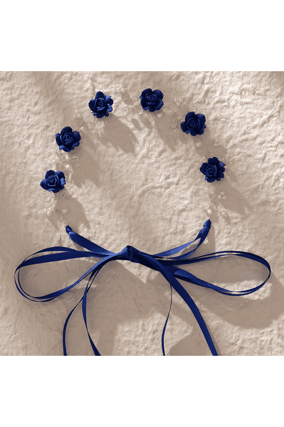 Royal Blue Flower Hair Vine, Silver Wire Crystal Pearl Bridal Headpiece, Statement Wedding Prom Hair Accessory with Ribbon