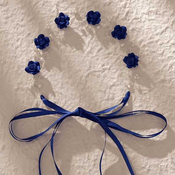 MIALLO Royal Blue Flower Hair Vine, Silver Wire Crystal Pearl Bridal Headpiece, Statement Wedding Prom Hair Accessory with Ribbon