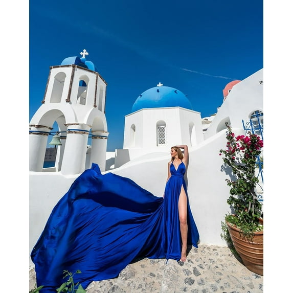 Royal Blue Flowy Dress | Satin Dress | Long Flying Dress | Flying Dress for Photoshoot| Long Train Dress