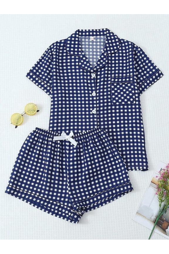 Royal Blue Gingham Print Womens Pajama Set: Short Sleeve Collared Button-Up Top & Elastic Waist Shorts