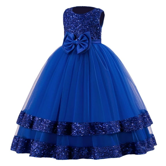 Royal Blue Girls' Sparkling Bow Princess Evening Gown - Formal Long Sleeve Party Dress for Special Events