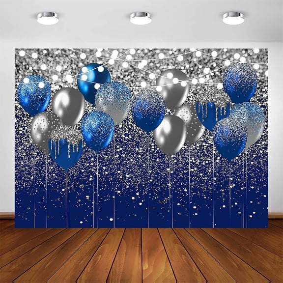 Royal Blue Glitter Backdrop for Birthday Wedding Prom Graduation Photography Background Party Glitter Blue Balloon Party Decorations Photoshoot Photobooth (60x40inch, Blue and Silver)