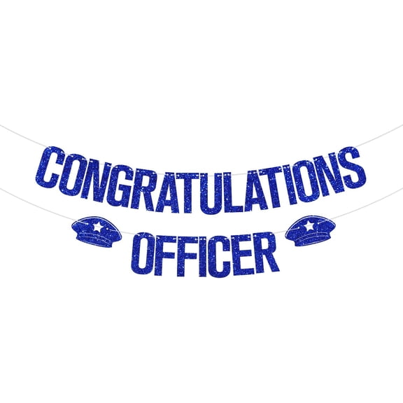 Royal Blue Glitter Congratulations Officer Banner with Police Hat Cutouts, Cop Graduation Party Decorations