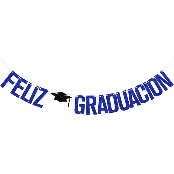 Royal Blue Glitter Feliz Graduacion Banner with Grad Cap Cutouts, Spanish Graduation Party Decorations