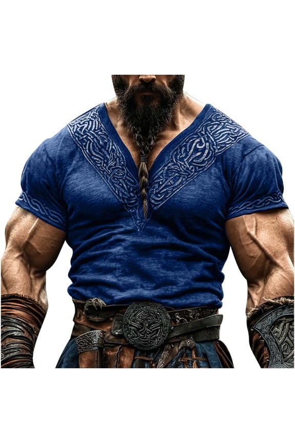Royal Blue Going Out Tshirts for Man Fall Summer Short Sleeve V Neck Print Slimming Tunics Victorian Renaissance Peasant Ethnic Steampunk Tops Shirts Mens 2026 Clothing 3XL