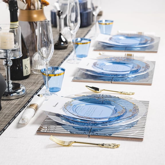 Royal Blue & Gold 50-Guest Dinnerware Set - 350-Piece Plastic Plate Set with Utensils, Cups, and Napkins