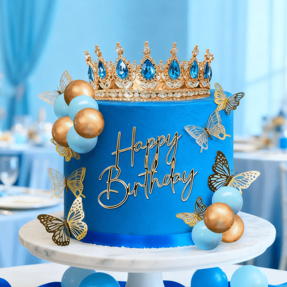 Royal Blue & Gold Crown Cake Decorations Set - Luxury Princess Queen Theme Party Decor for Birthday Anniversary