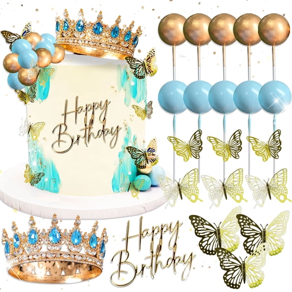 Royal Blue & Gold Crown Cake Decorations Set - Luxury Princess Queen Theme Party Decor for Birthday Anniversary