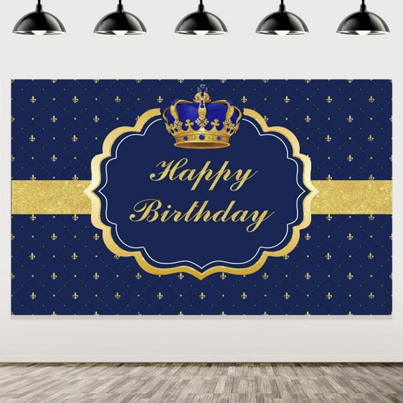 Royal Blue and Gold Happy Birthday Backdrop, Happy Birthday Backdrop Little Prince Crown Royal Celebration Party Photography Background Boy Children Baby Shower Wall Decoration Photo Booth Props
