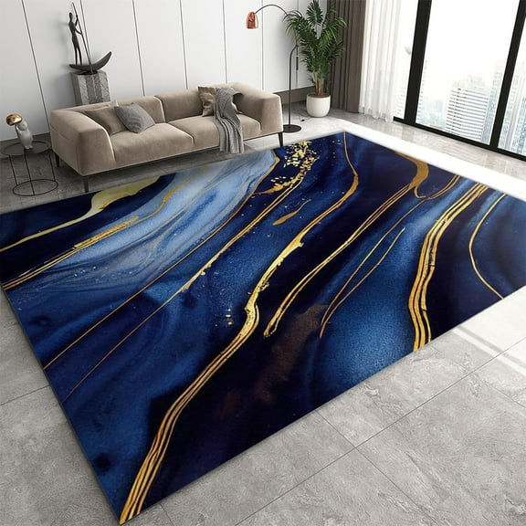 Royal Blue Gold Rug Fashion Marble Rugs for Living Room Anti-Skid Washable Non-Shedding Rugs for Bedroom Entryway Hallway Home Decor 5x8ft