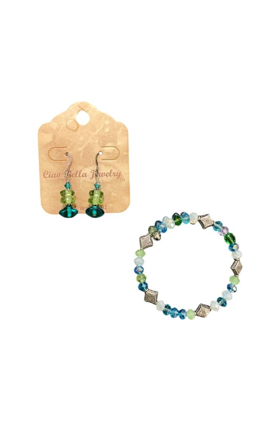 Royal Blue Green Crystal Jewelry Set, Bracelet Earrings
