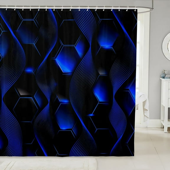 Royal Blue Honeycomb Bathroom Shower Curtain Sets,Geometric Striped Hexagonal Shower Curtain Neon Lights Gradient Bath Curtain,Hexagon Ombre Fabric Shower Curtain with Hooks 72"Wx72"L
