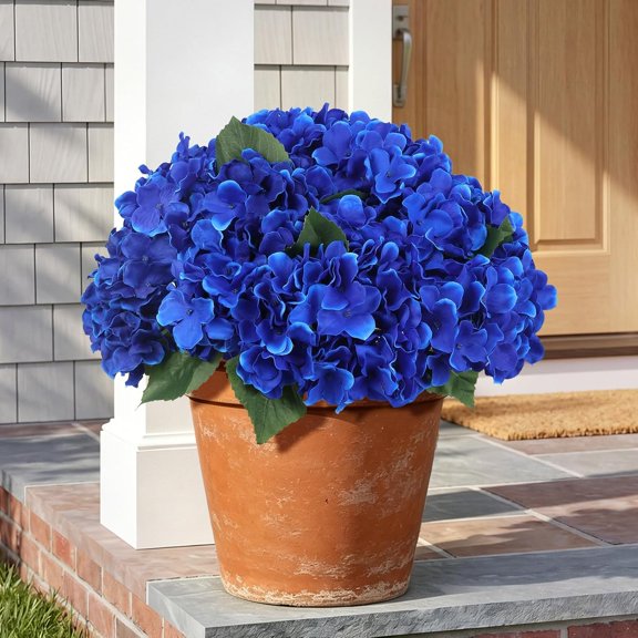 Royal Blue Hydrangea Artificial Flowers for Outdoors 4 Bundles UV Resistant Faux Hydrangea with Stems for Front Door Porch Balcony Garden Summer Outdoor Home Indoor Decor (Royal Blue)