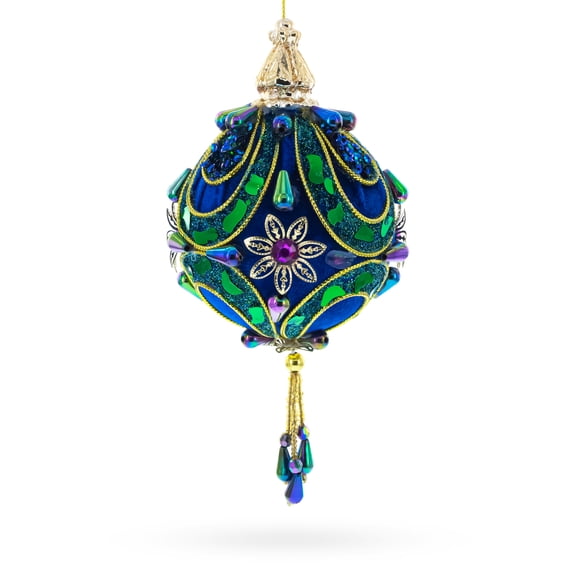 Royal Blue Jeweled  Gold Filigree Accents and Tassels Christmas Ornament