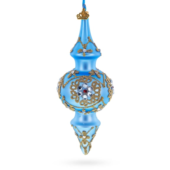 Royal Blue Jeweled Scroll Double-Ended Finial Drop Glass Christmas Ornament