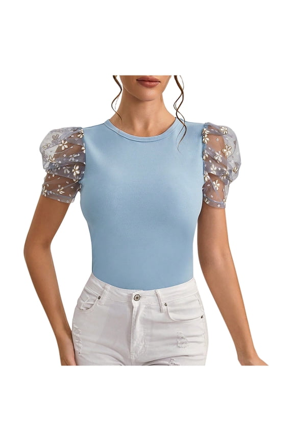 Royal Blue Juniors Floral Graphic Tops Crew Neck Lace Spandex Blouses for Women Short Sleeve Mesh Summer Fall Shirts 2026 Clothes Y2K XL