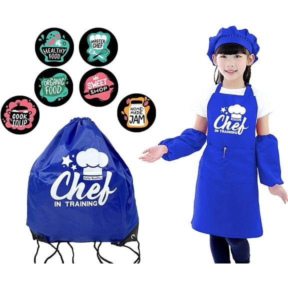 Royal Blue Kids Kitchen Apron Set with Matching Drawstring Bag and Set of 6 Achievement Button Pins
