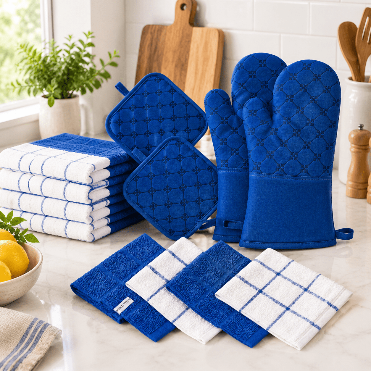 Royal Blue Kitchen Linen Set with Oven Mitts, Towels, Dishcloths and ...