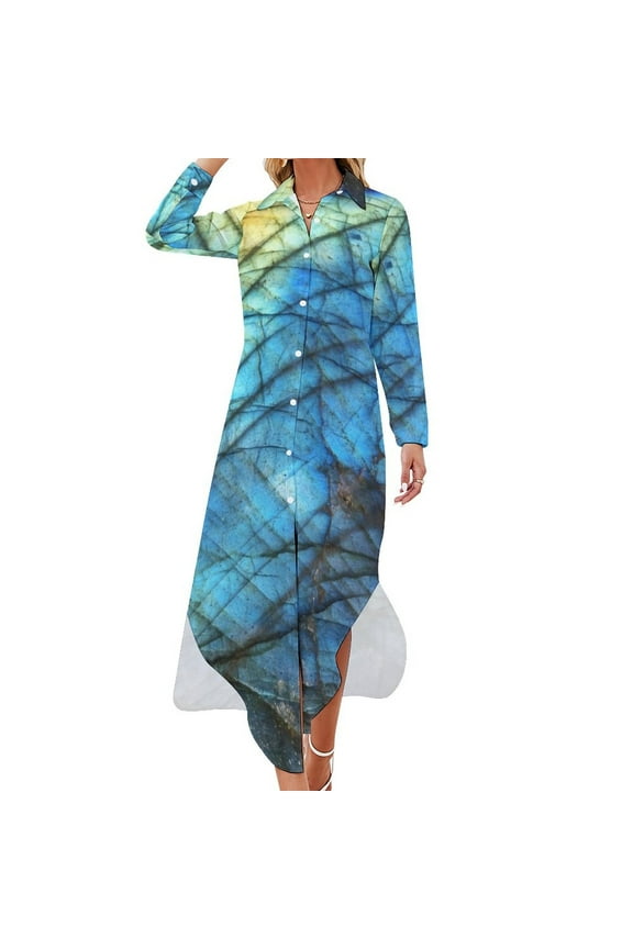 Royal Blue Labradorite Long Sleeved Shirt Dress Women's evening dress dresses summer