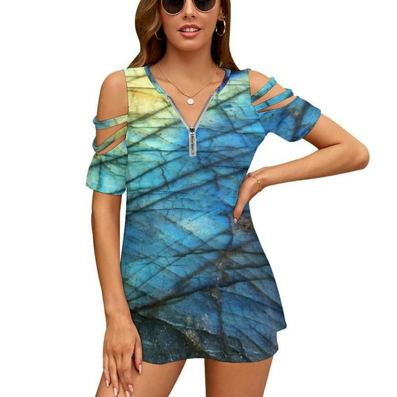 Royal Blue Labradorite Womens Summer V Neck Zipper Top Short Sleeve T Shirt Off Shoulder Top Casual Classy Loose Shirts