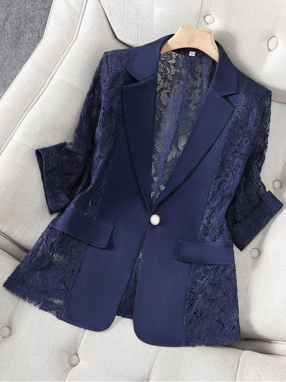 Royal Blue Lace Trim Blazer For Women, 3/4 Sleeve Lightweight Suit Jacket