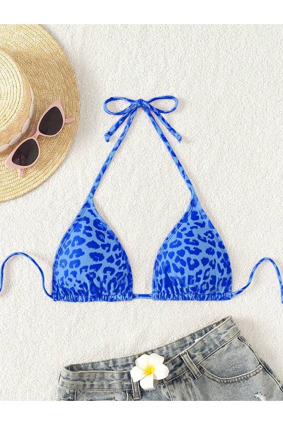 Royal Blue Leopard Print Halter Tie-Front Triangle Bikini Top For Beach Vacation Summer
