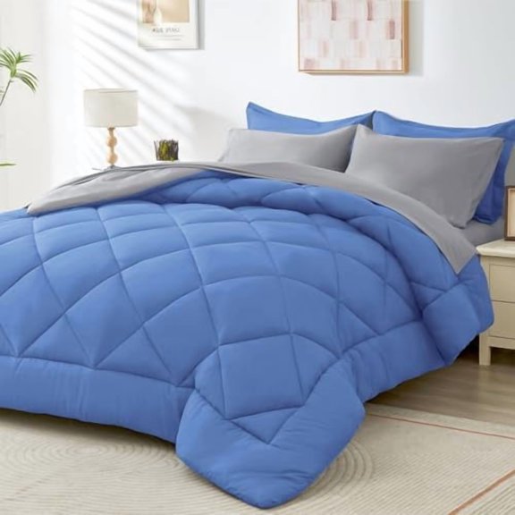 Royal Blue & Light Grey Cali-King Comforter Set - 7-Piece All Season Bed in a Bag Cali-King, Ultra Soft Bedding Set with Comforter, Flat Sheet, Fitted Sheet, Pillowcases, Pillow Shams, Blue