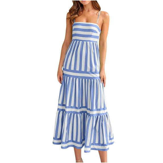 Royal Blue Loose Fit Dresses for Women Summer Fall Sleeveless Slip Scoop Neck Maxi Long Brunch Striped Dresses Women Button 2025 Soft Comfy Clothing Fashion M