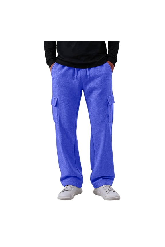 Cargo Pants for Men Elastic Drawstring Waist Wide Leg Street Trouser With Multi Utility Pockets Fall Loose Baggy Sweatpants Royal Blue M
