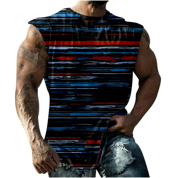 Royal Blue Man Sleeveless Vests Loose Fit Tops Vest for Man Crew Neck Workout Athletic Casual Running Tie Dye Camisole Tank Striped Summer Fall Vests 2025 Clothing Fashion L