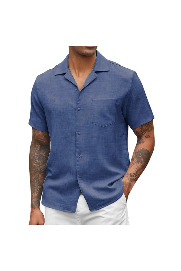 Royal Blue Man Turtleneck Faux Linen T Shirts Beach Lounge Button Tee Tops for Man Short Sleeve Hawaiian Tropical Basic Fall Summer Shirts 2026 Clothes Fashion M
