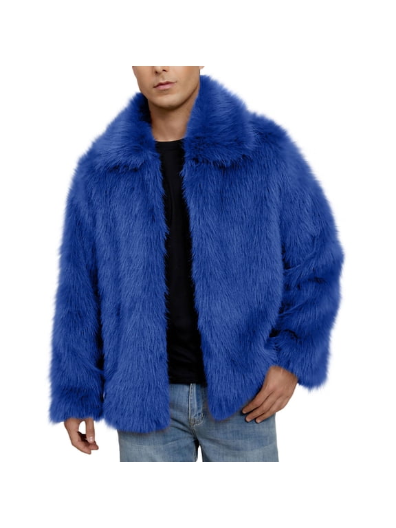 Royal Blue Mens Long Sleeve Jacket Coat for Man Turtleneck Faux Fur Pleather Brunch Warm Basic Winter Fall Coats 2026 3XL