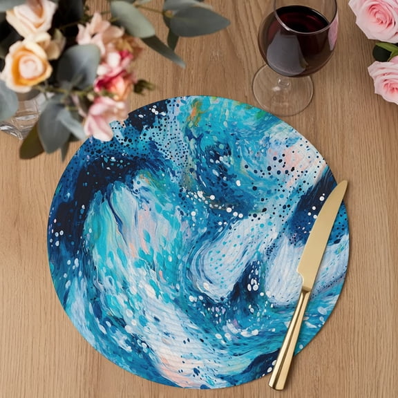 Royal Blue Ocean Round Braided Placemats Set of 2, Abstract Cyan Sea Spray Coastal Turbulent Water Heat Insulation Place Mats Washable Non-Slip Table Mats for Kitchen Dining Party, 13 Inches