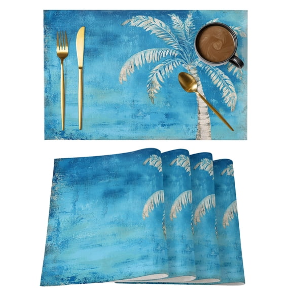 Royal Blue Palm Tree Cotton Linen Placemats Set of 1, Summer Tropical Plant Botanical Abstract Washable Table Place Mats Heat Insulating Placemat for Dining Room Kitchen Daily Use 13 x 19 Inch