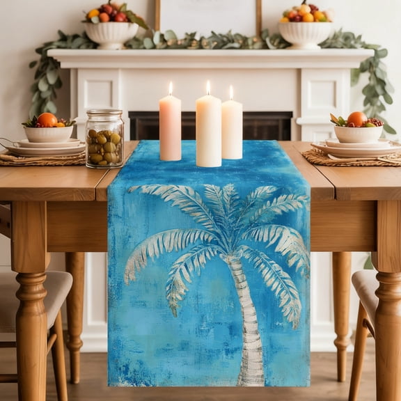 Royal Blue Palm Tree Dining Table Runner, Summer Tropical Plant Botanical Abstract Washable Table Runners Kitchen Coffee Table Center Decor for Home Party Holiday Wedding 13 x 36 Inches