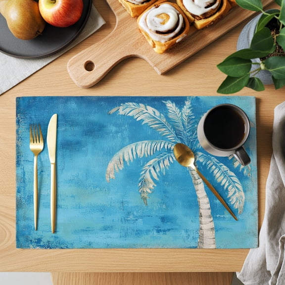 Royal Blue Palm Tree Placemats Set of 1 Summer Tropical Plant Botanical Abstract Heat Insulation Washable Place Mats, Non-Slip Table Mats for Dining Table Party Kitchen Decor, 13x19 Inch